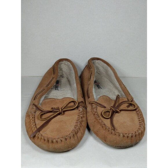 Minnetonka Moccasin Cally Slippers Women's Sz 9 Brown Suede Pile Lined Cozy Warm - Picture 2 of 9